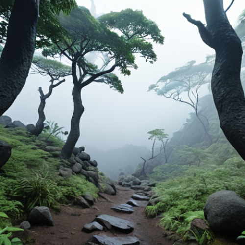 Home 4 **Ethereal Hallasan scene:** Mist dancing through trees on Seongpanak trail, creating a mysterious atmosphere. Volcanic rock formations visible.