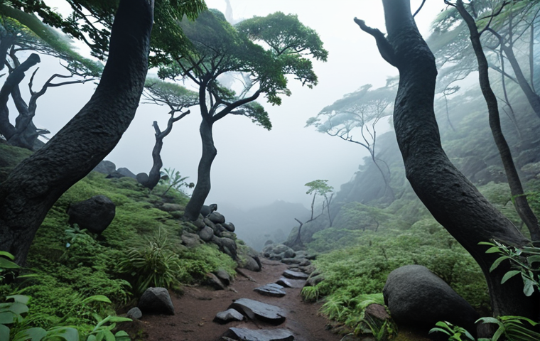 **Ethereal Hallasan scene:** Mist dancing through trees on Seongpanak trail, creating a mysterious atmosphere. Volcanic rock formations visible.