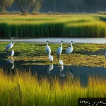 전라도 순천만 갯벌 생태 - A vibrant wetland scene showcasing migratory birds such as common cranes and great white herons rest...
