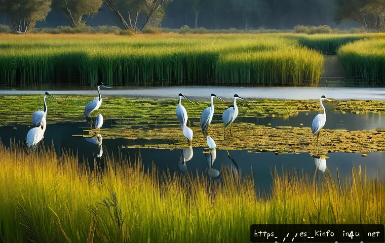 전라도 순천만 갯벌 생태 - A vibrant wetland scene showcasing migratory birds such as common cranes and great white herons rest...