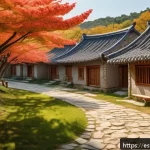 경상도 안동 하회마을 유래 - A picturesque traditional village scene inspired by Hahoe, featuring wooden houses with curved tiled...