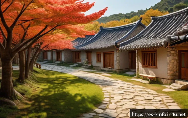 경상도 안동 하회마을 유래 - A picturesque traditional village scene inspired by Hahoe, featuring wooden houses with curved tiled...