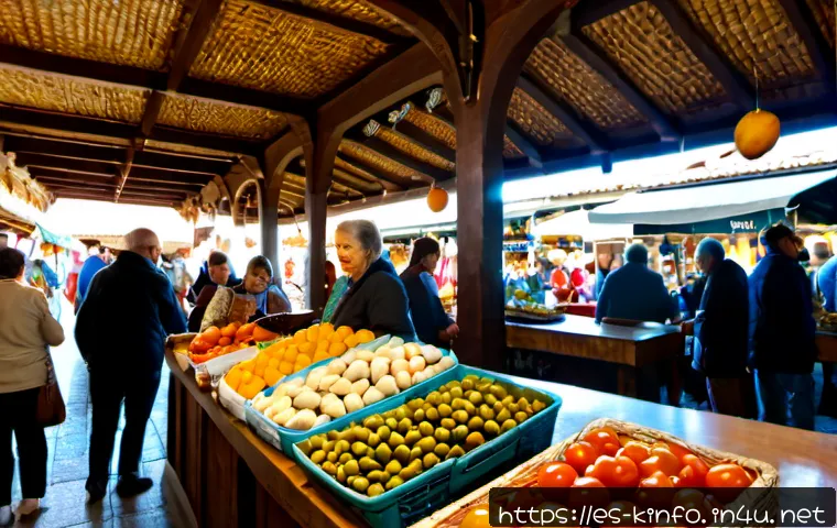 한국 주요 시장과 전통 상업 - Photorealistic wide-angle scene of a traditional Spanish covered market in the morning, colorful sta...